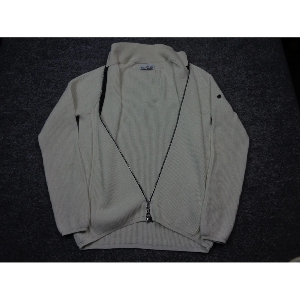 Stone Island Wool Sweater White L Full Zip‎ Ribbed Knit  Full Zip Quiet Luxury